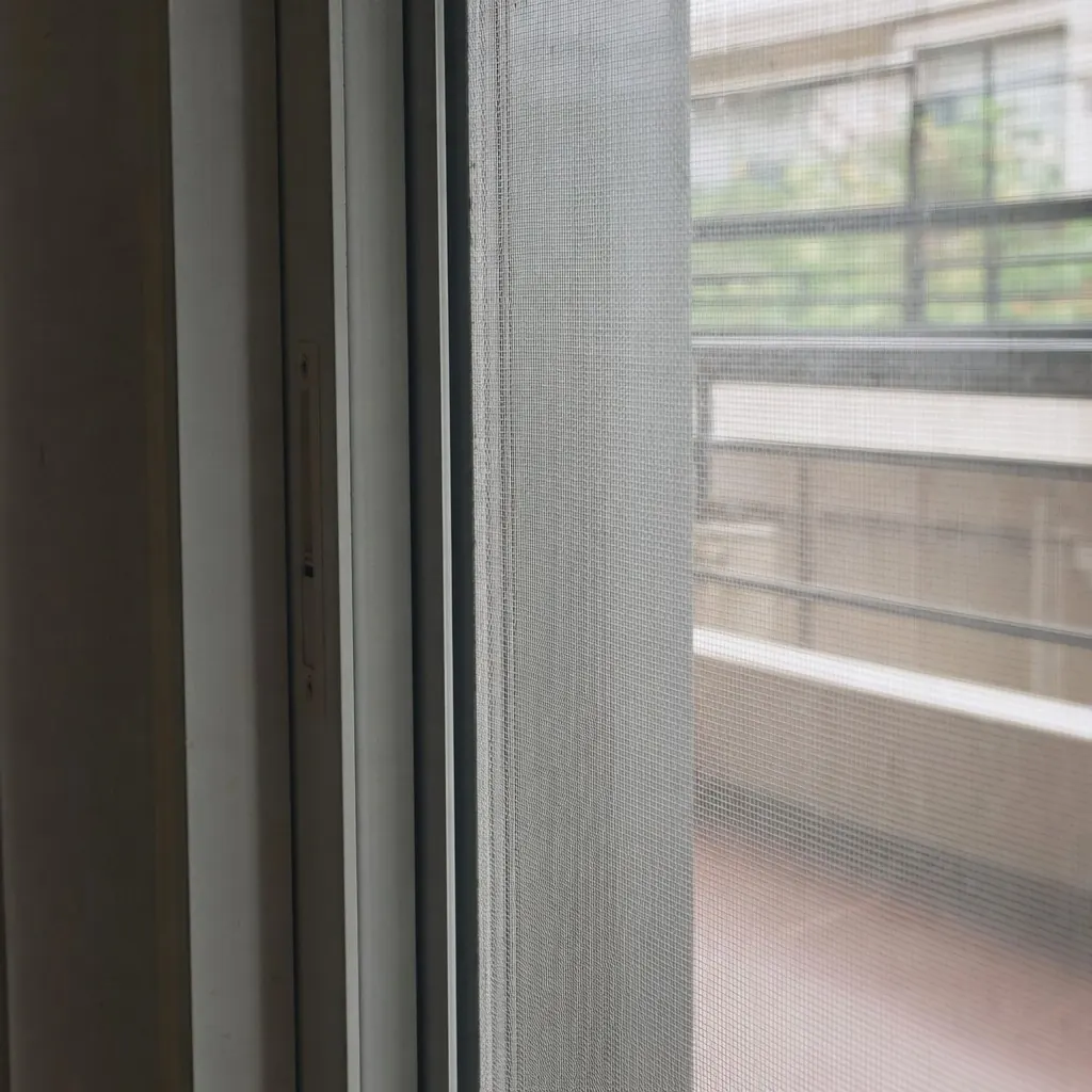 Fine mesh screen fitted on a Delhi balcony door to keep daytime dengue mosquitoes out of the home