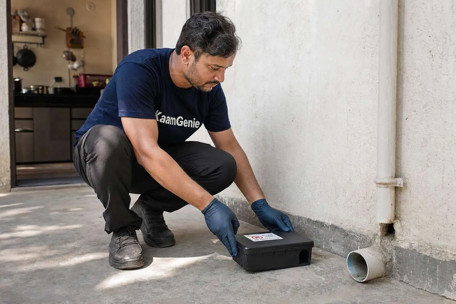 KaamGenie technician placing a tamper-proof rodent bait station along the outside skirting of a Delhi kitchen