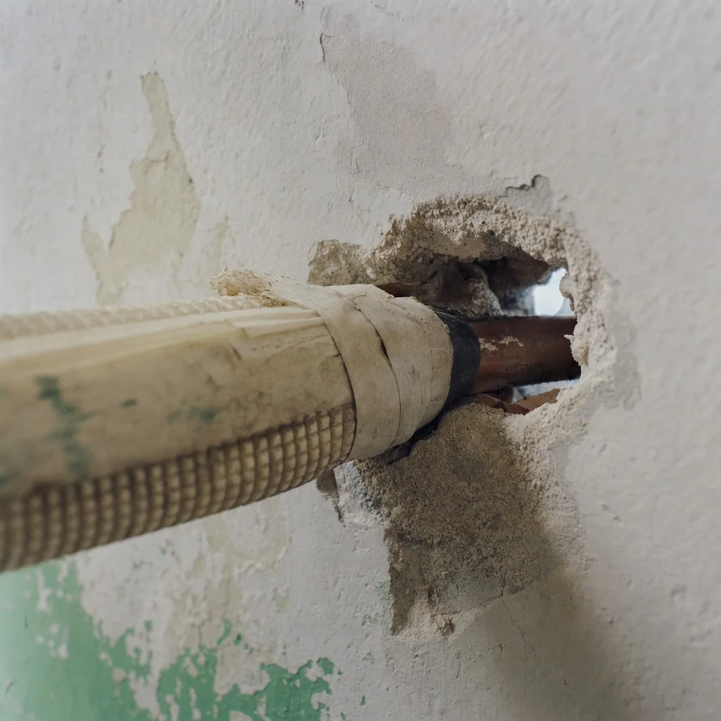 A rat-sized gnaw hole next to a copper AC pipe passing through a Delhi flat wall, with daylight showing through the gap