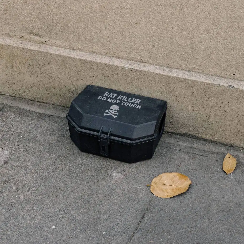 A locked tamper-proof rodent bait station placed against an outside compound wall of a Delhi building, away from the door