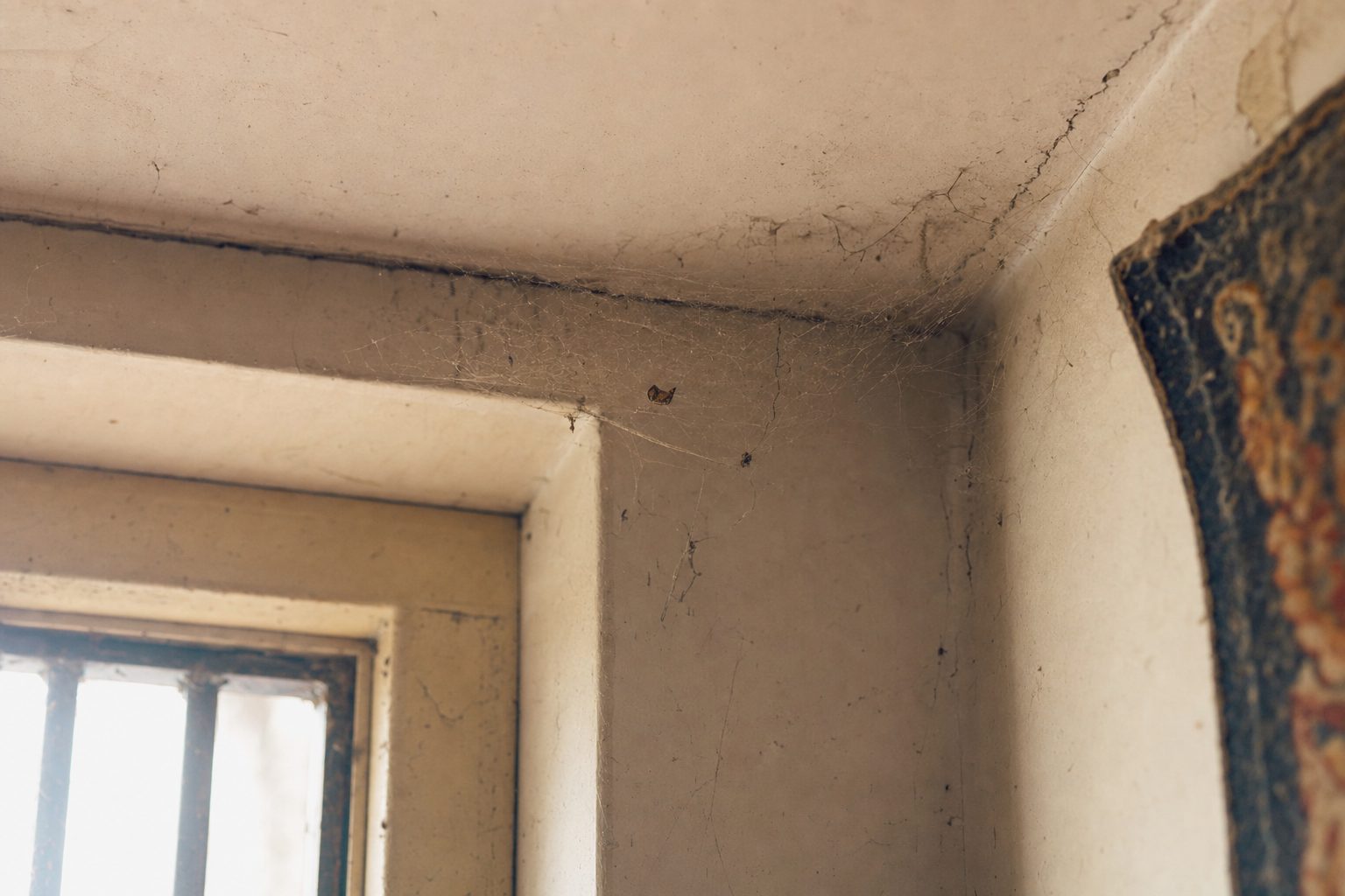 A house spider web in the ceiling corner of a Delhi room catching dust and small insects
