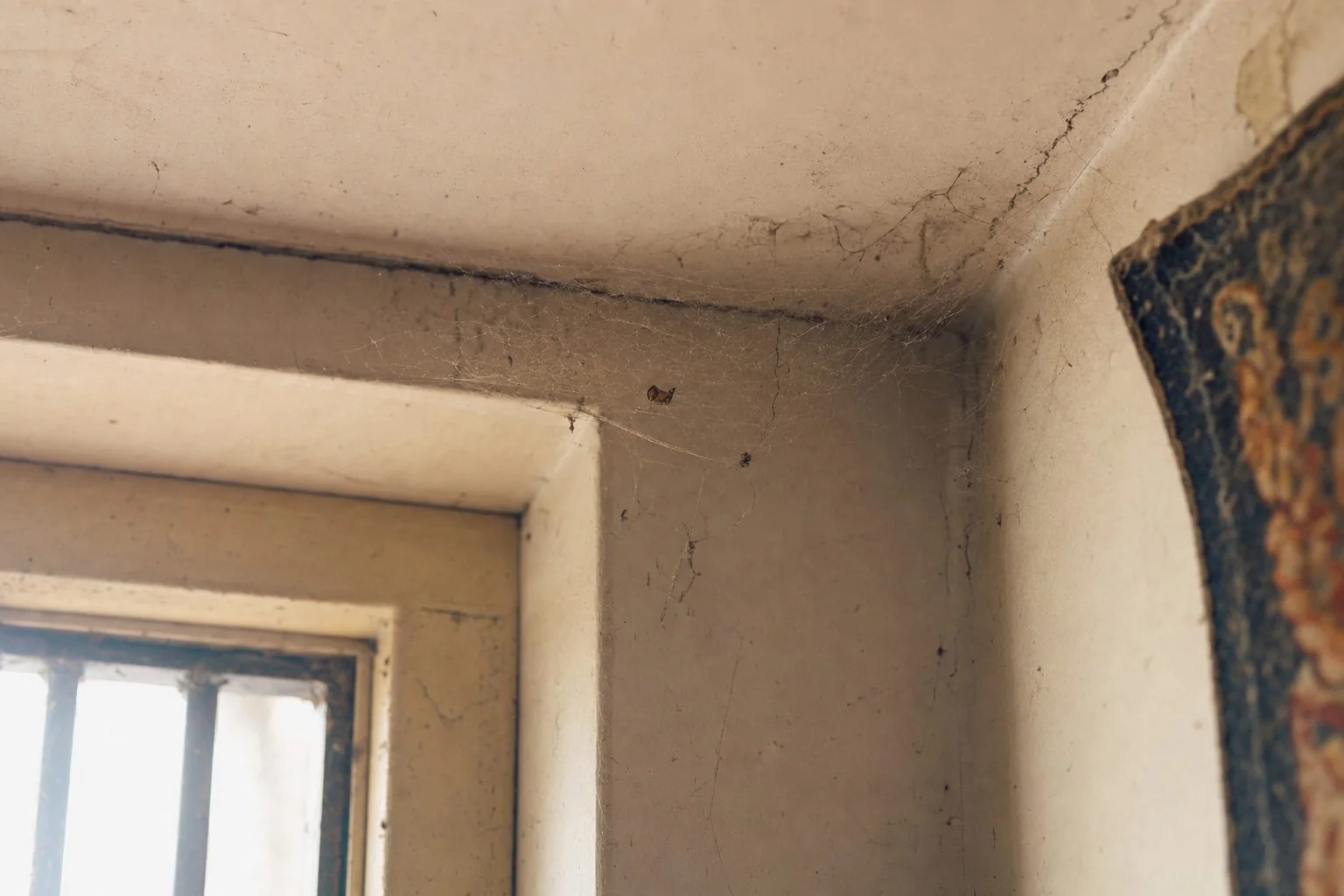 A house spider web in the ceiling corner of a Delhi room catching dust and small insects