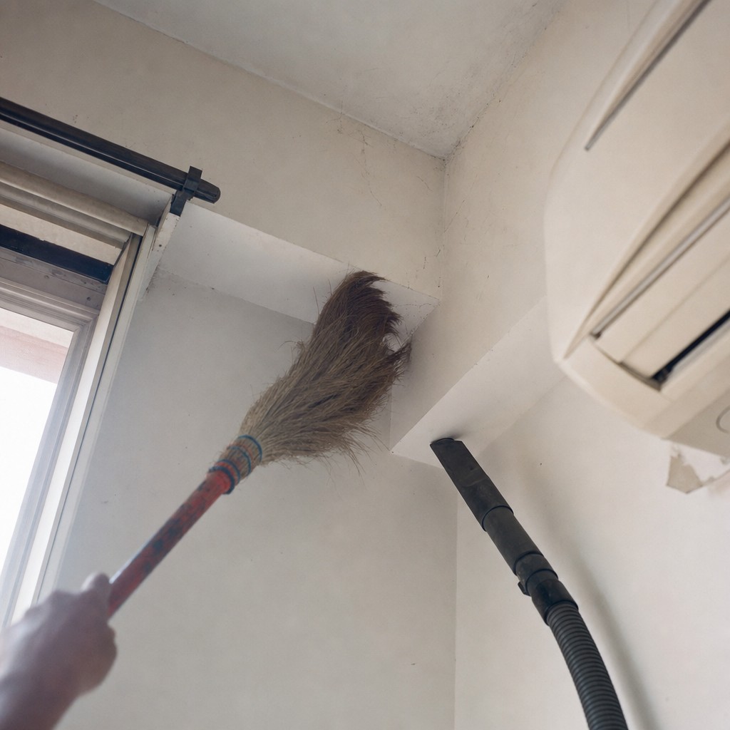 A long-handled broom and vacuum clearing spider webs from a high ceiling corner in a Delhi flat
