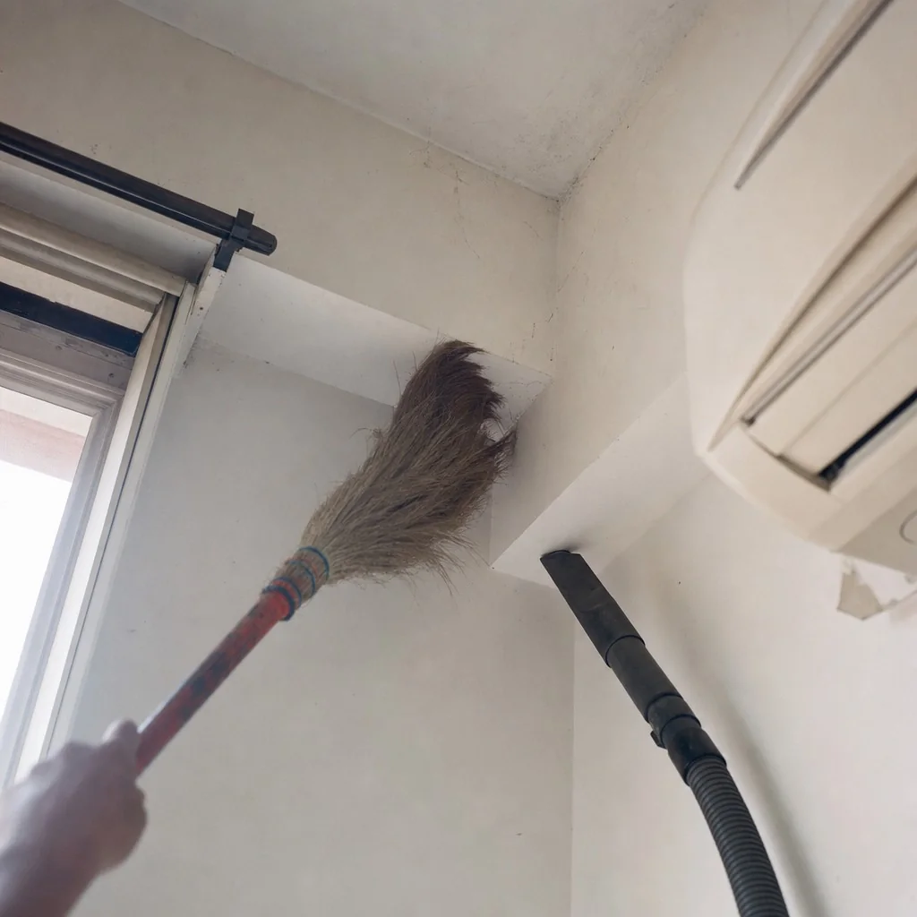 A long-handled broom and vacuum clearing spider webs from a high ceiling corner in a Delhi flat
