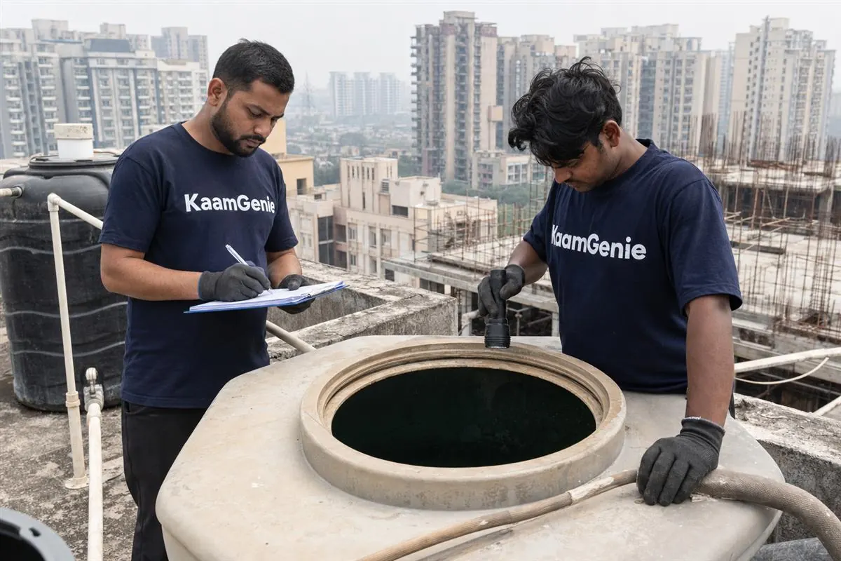KaamGenie crew cleaning a water tank in Crossings Republik, Ghaziabad