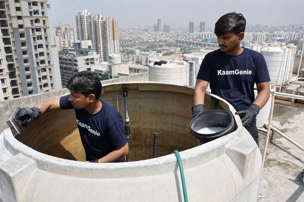 KaamGenie crew cleaning a water tank in Govindpuram, Ghaziabad