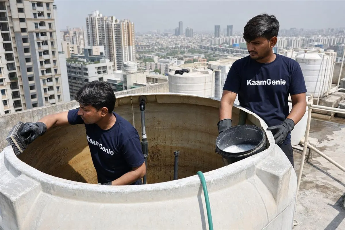 KaamGenie crew cleaning a water tank in Govindpuram, Ghaziabad