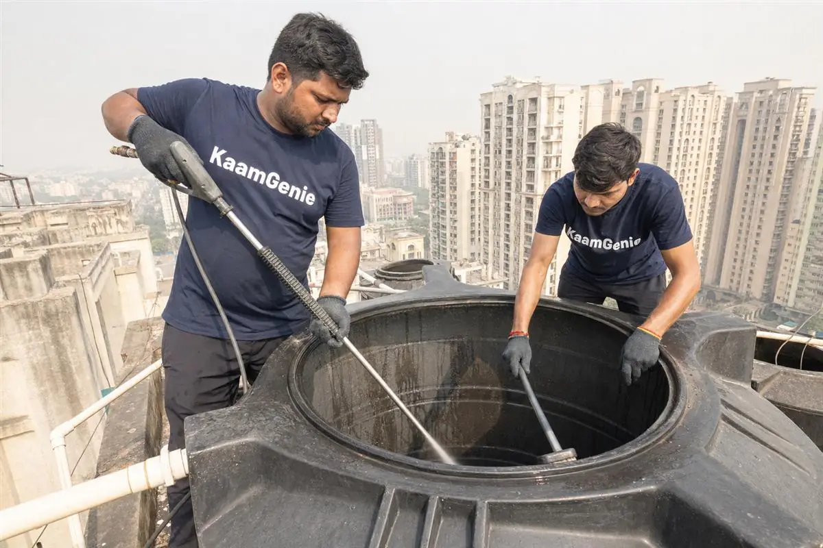 KaamGenie crew cleaning a water tank in Indirapuram, Ghaziabad