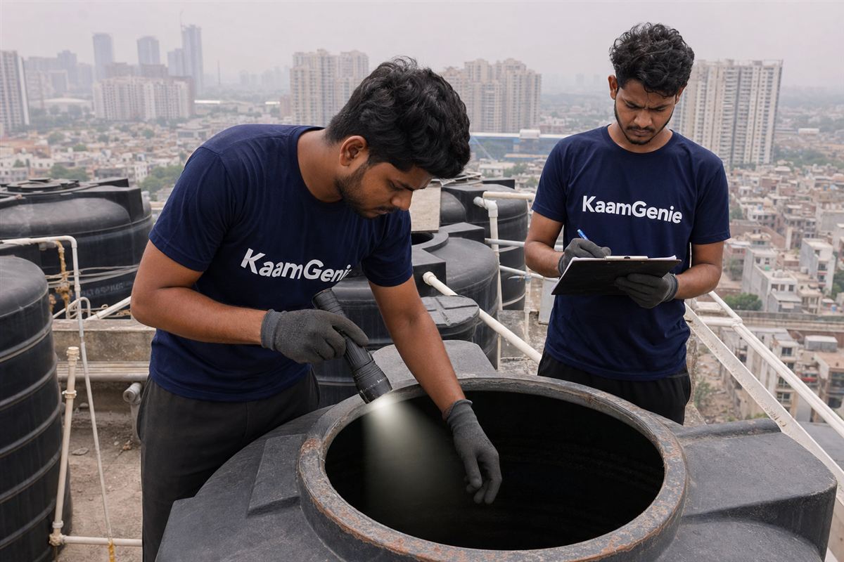 KaamGenie crew cleaning a water tank in Kaushambi, Ghaziabad