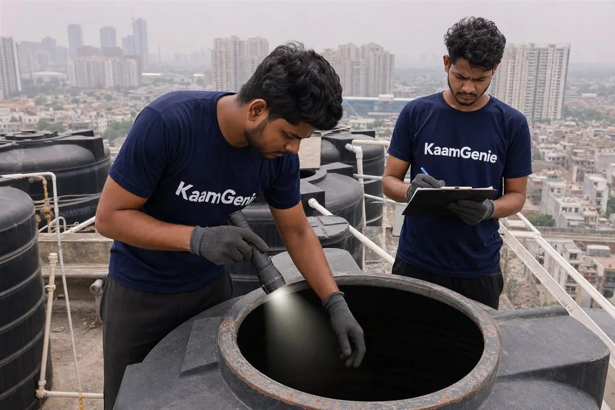 KaamGenie crew cleaning a water tank in Kaushambi, Ghaziabad