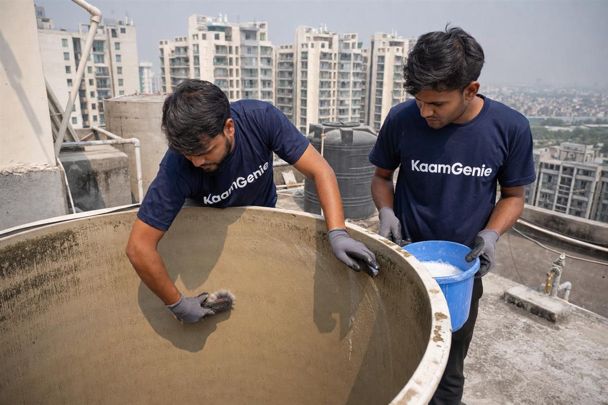 KaamGenie crew cleaning a water tank in Mohan Nagar, Ghaziabad