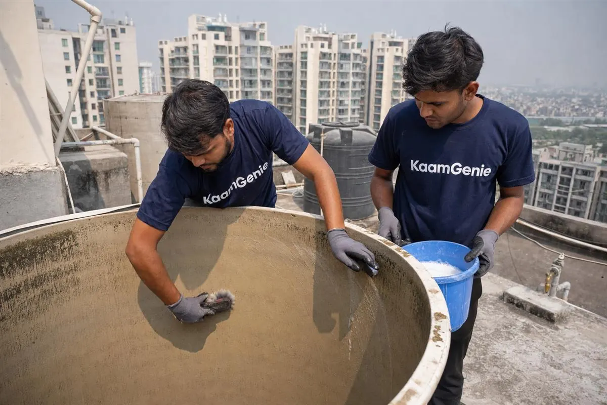 KaamGenie crew cleaning a water tank in Mohan Nagar, Ghaziabad