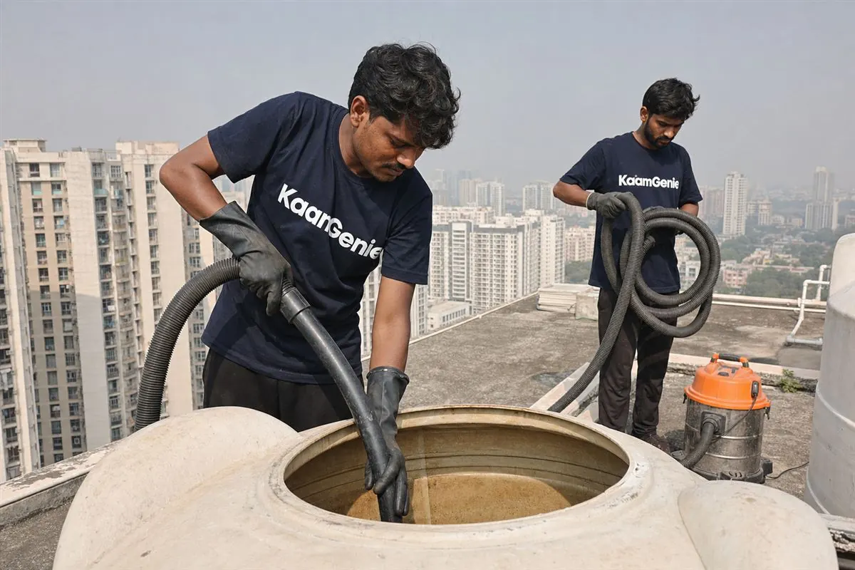 KaamGenie crew cleaning a water tank in Nehru Nagar, Ghaziabad