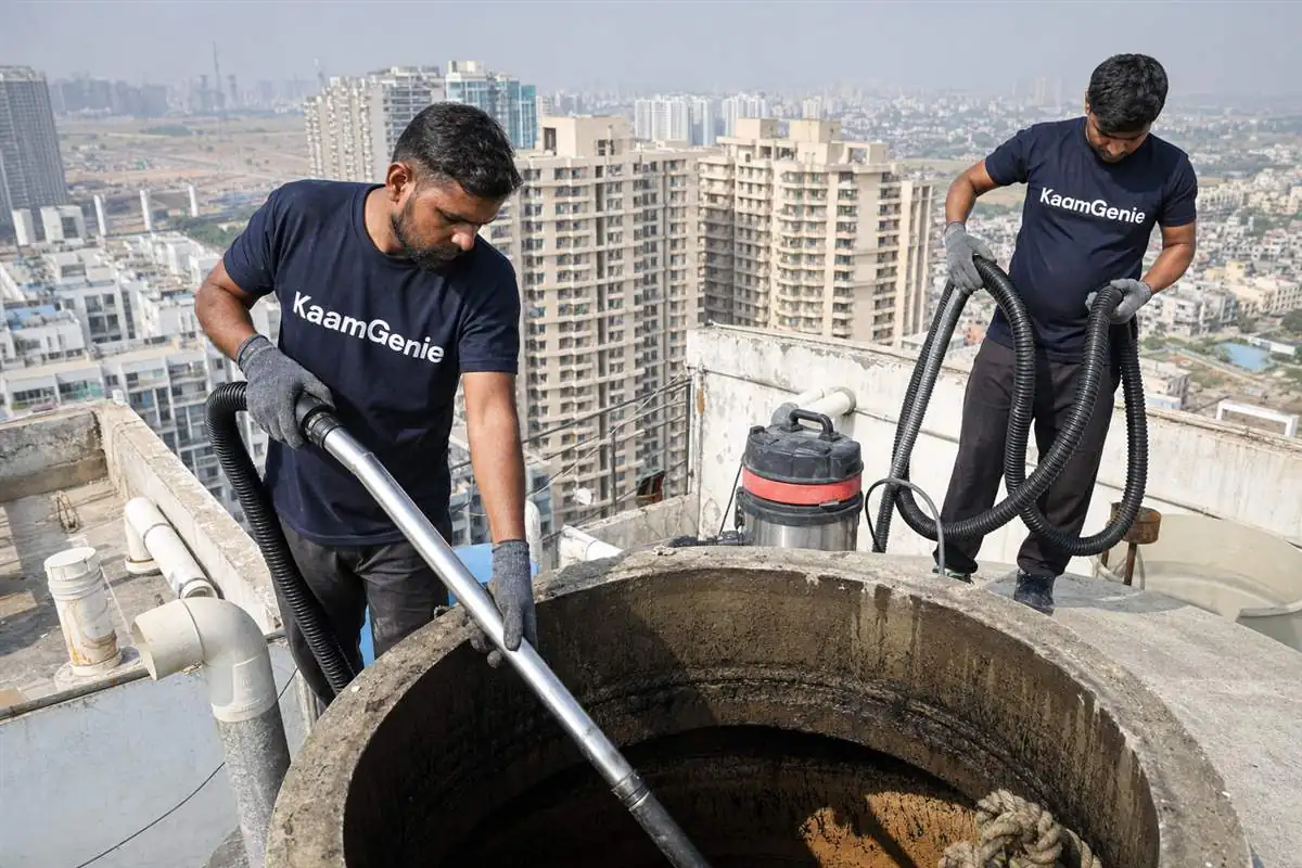 KaamGenie crew cleaning a water tank in Raj Nagar Extension, Ghaziabad