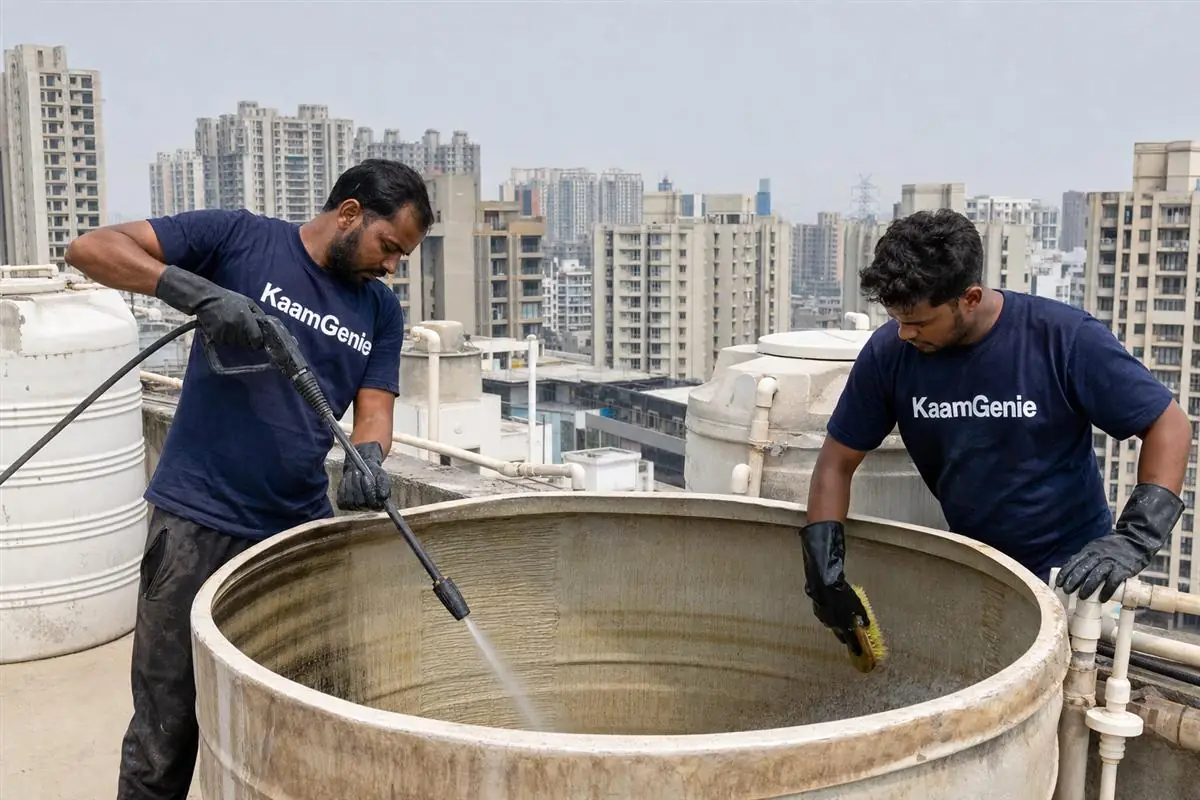 KaamGenie crew cleaning a water tank in Raj Nagar, Ghaziabad
