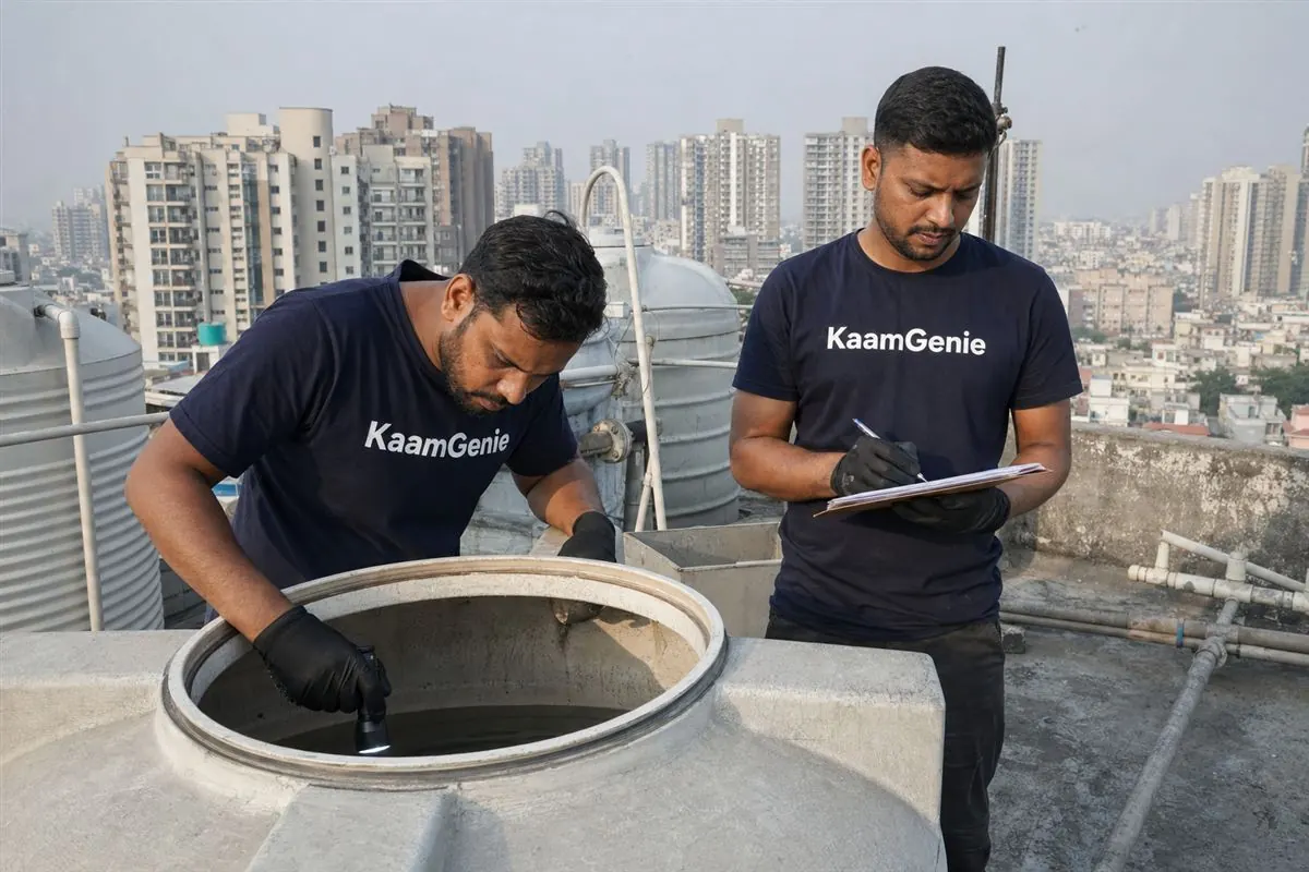 KaamGenie crew cleaning a water tank in Shastri Nagar, Ghaziabad