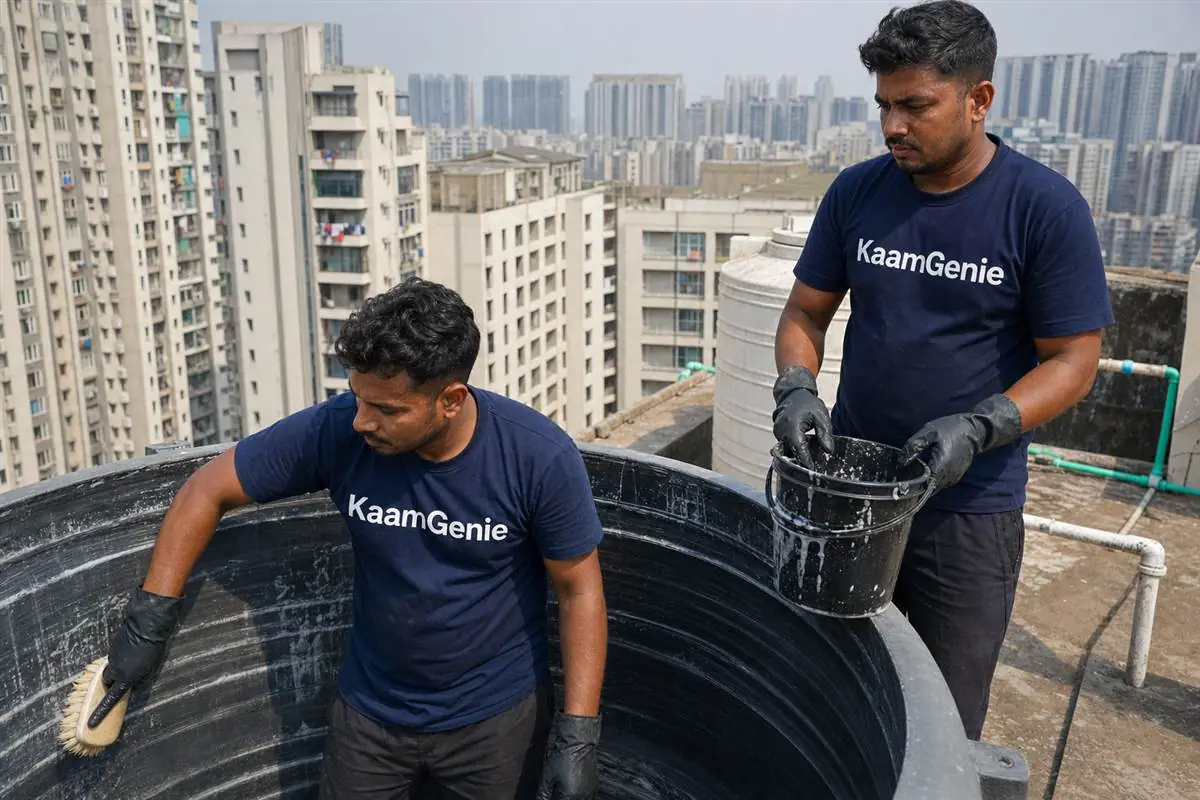 KaamGenie crew cleaning a water tank in Vaishali, Ghaziabad