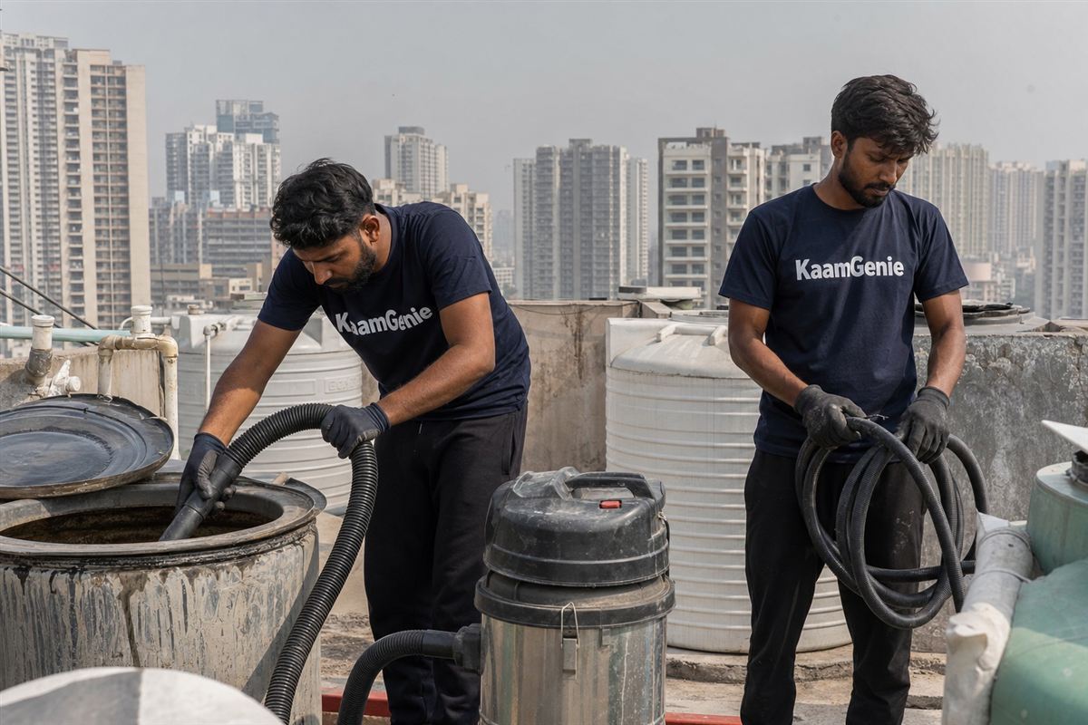 KaamGenie crew cleaning a water tank in Vasundhara, Ghaziabad