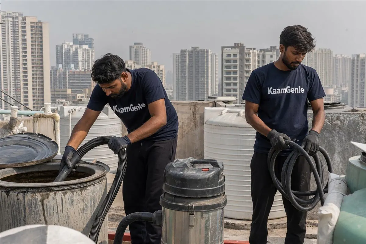 KaamGenie crew cleaning a water tank in Vasundhara, Ghaziabad