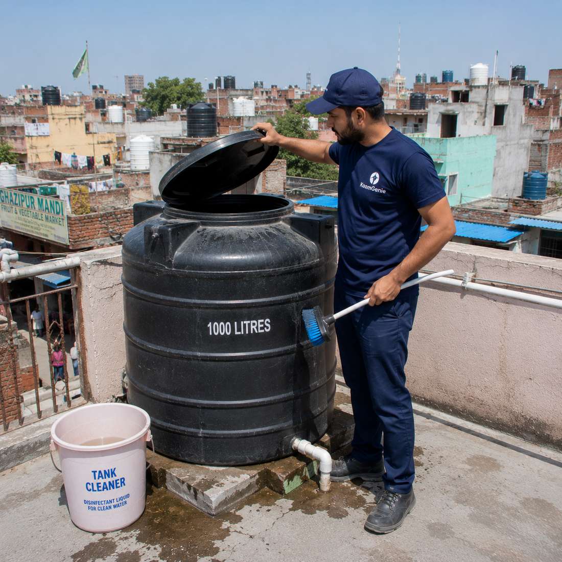 KaamGenie crew cleaning a water tank in Ghazipur, East Delhi