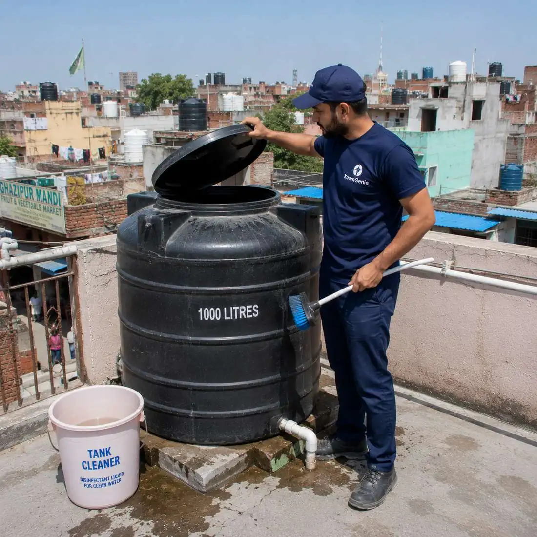 KaamGenie crew cleaning a water tank in Ghazipur, East Delhi