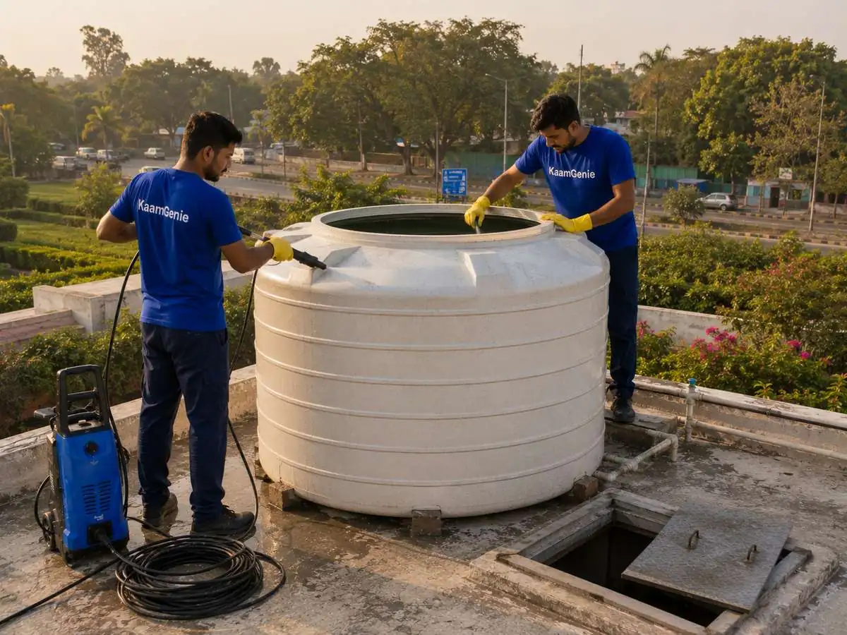 KaamGenie crew cleaning a water tank in Ghitorni, South Delhi