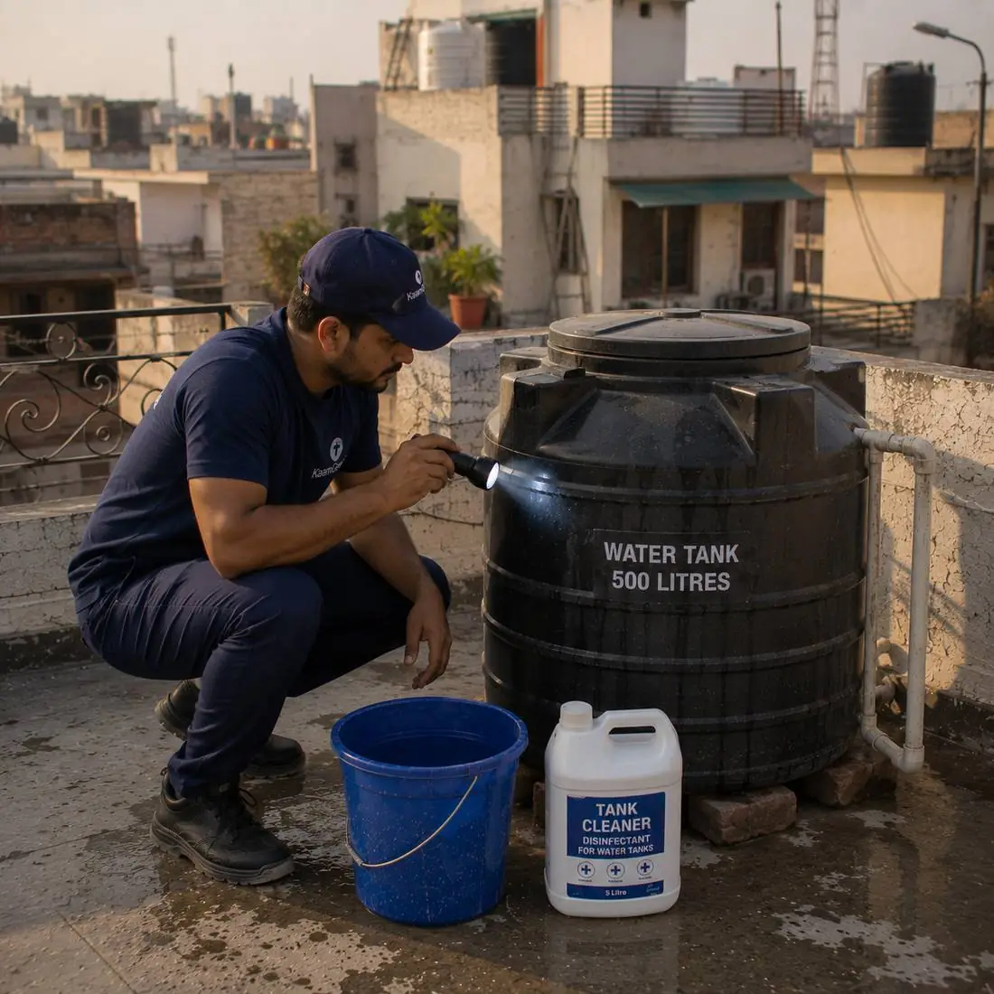 KaamGenie crew cleaning a water tank in Gokal Puri, East Delhi