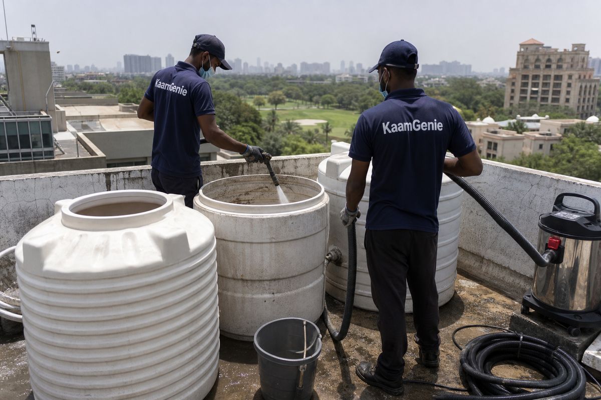 KaamGenie crew cleaning a water tank in Golf Links, Delhi