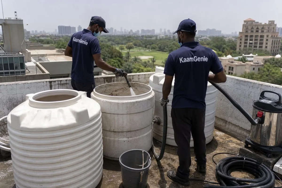 KaamGenie crew cleaning a water tank in Golf Links, Delhi
