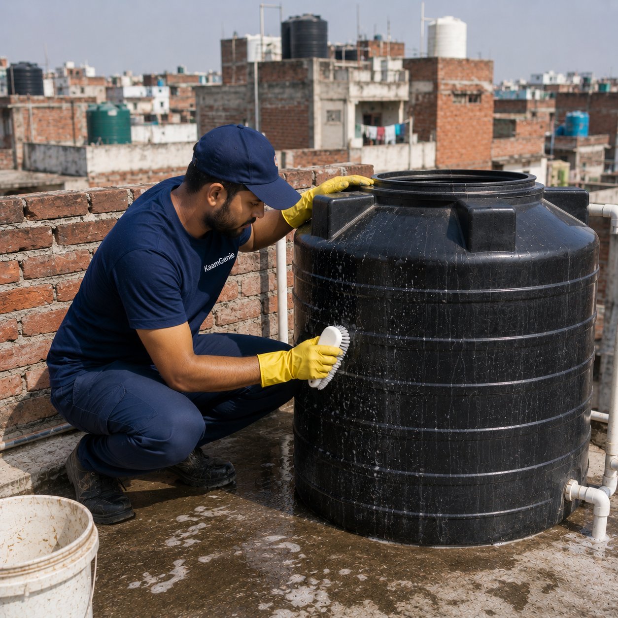 KaamGenie crew cleaning a plastic overhead water tank on a Govindpuri Extension building rooftop in South Delhi