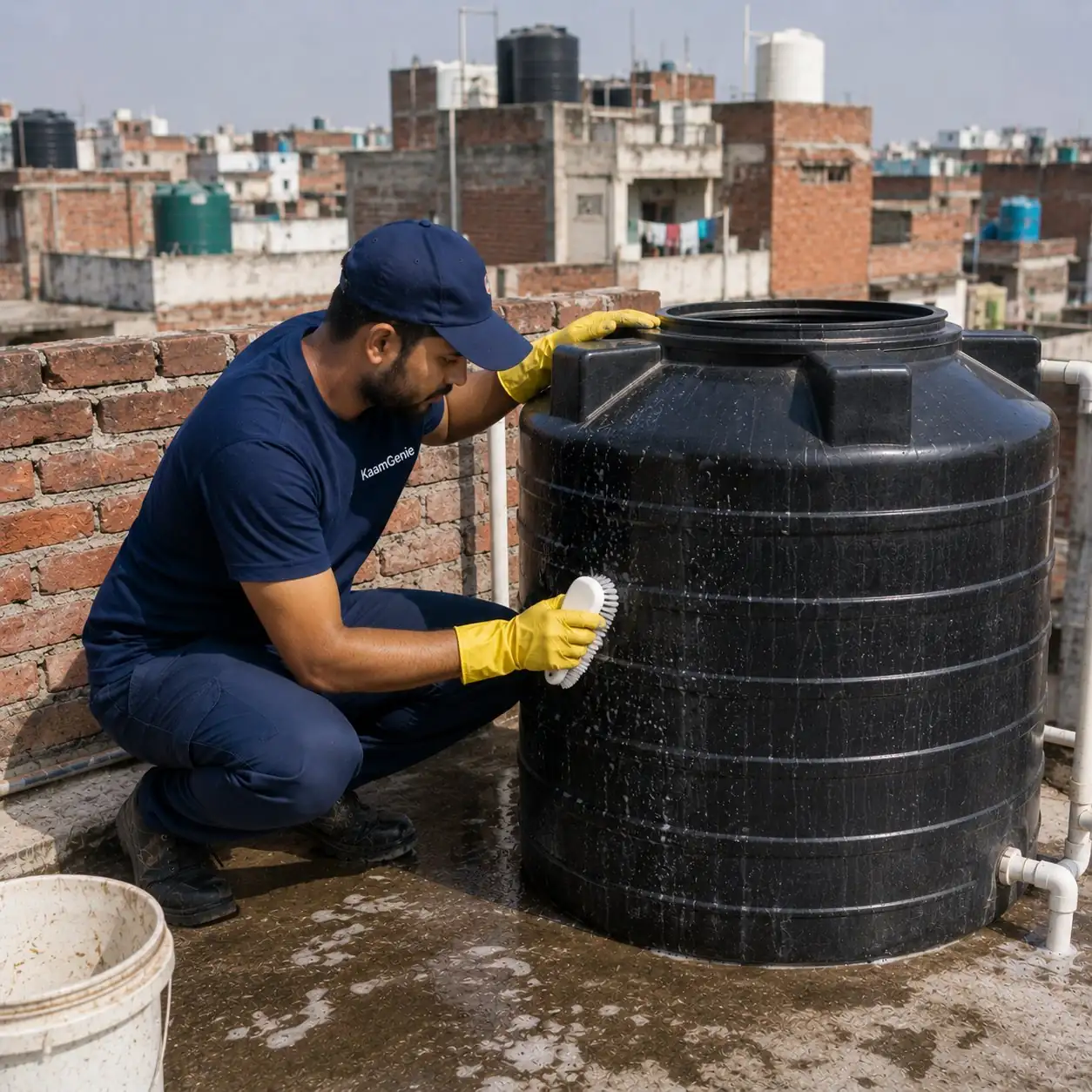 KaamGenie crew cleaning a plastic overhead water tank on a Govindpuri Extension building rooftop in South Delhi