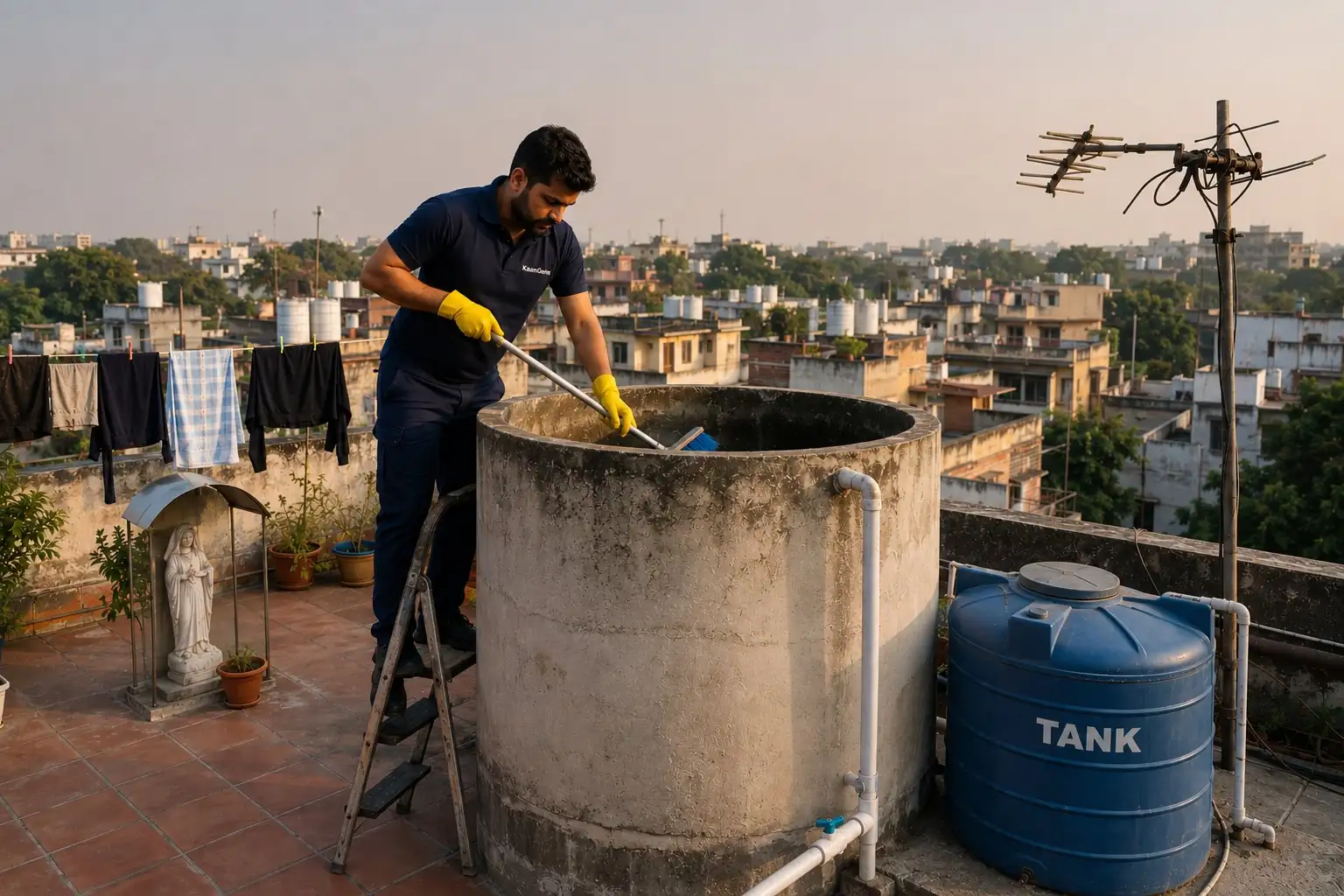 KaamGenie crew member on a step-ladder cleaning a concrete overhead water tank on a Greater Kailash M Block kothi rooftop