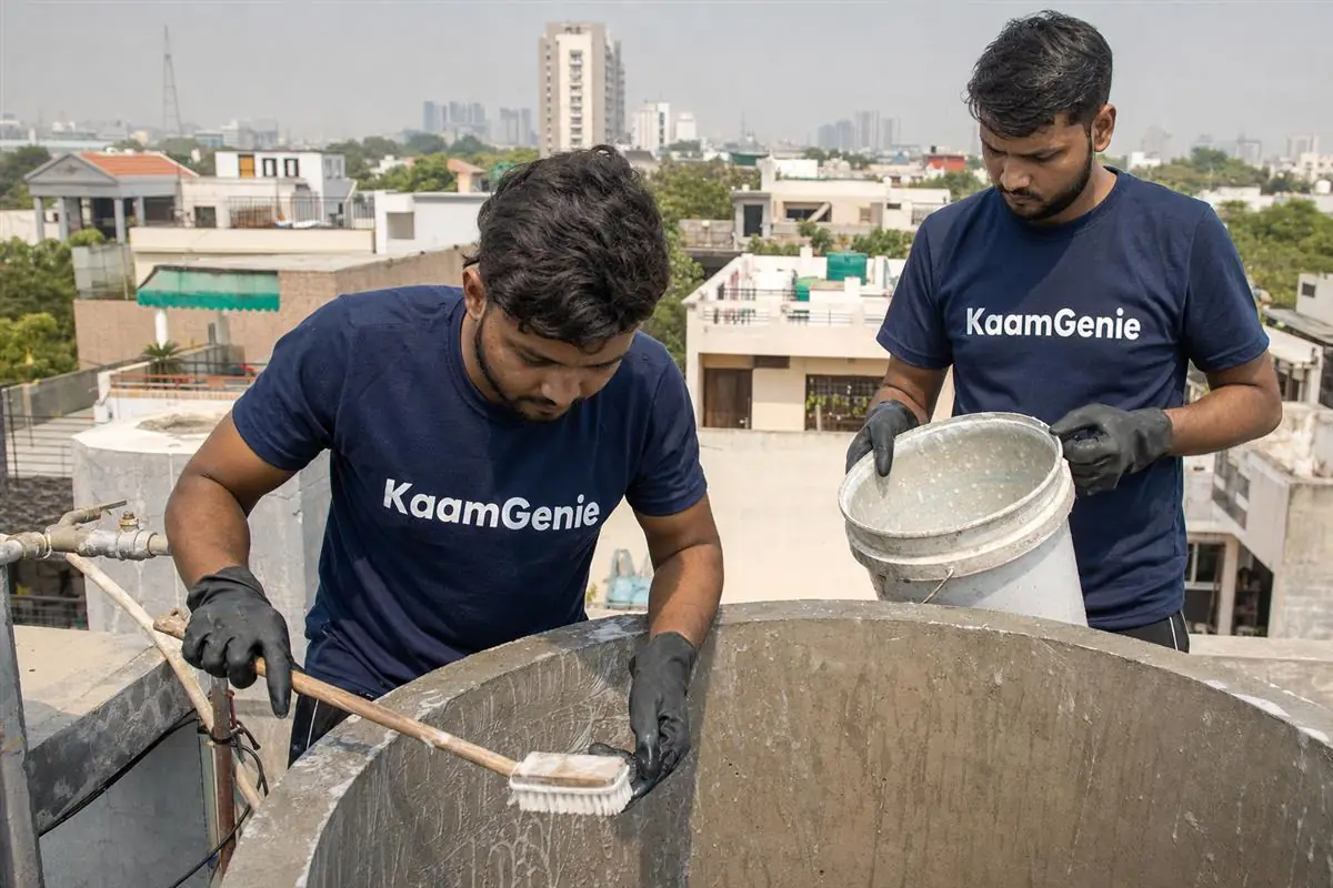 KaamGenie crew cleaning a water tank in Alpha 1, Greater Noida