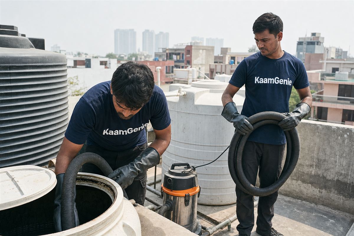 KaamGenie crew cleaning a water tank in Alpha 2, Greater Noida