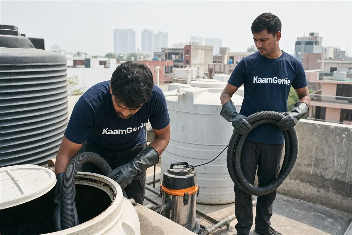 KaamGenie crew cleaning a water tank in Alpha 2, Greater Noida