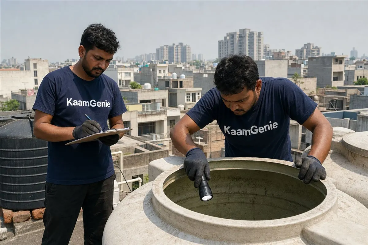 KaamGenie crew cleaning a water tank in Beta 1, Greater Noida