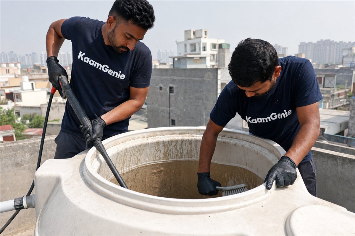 KaamGenie crew cleaning a water tank in Beta 2, Greater Noida