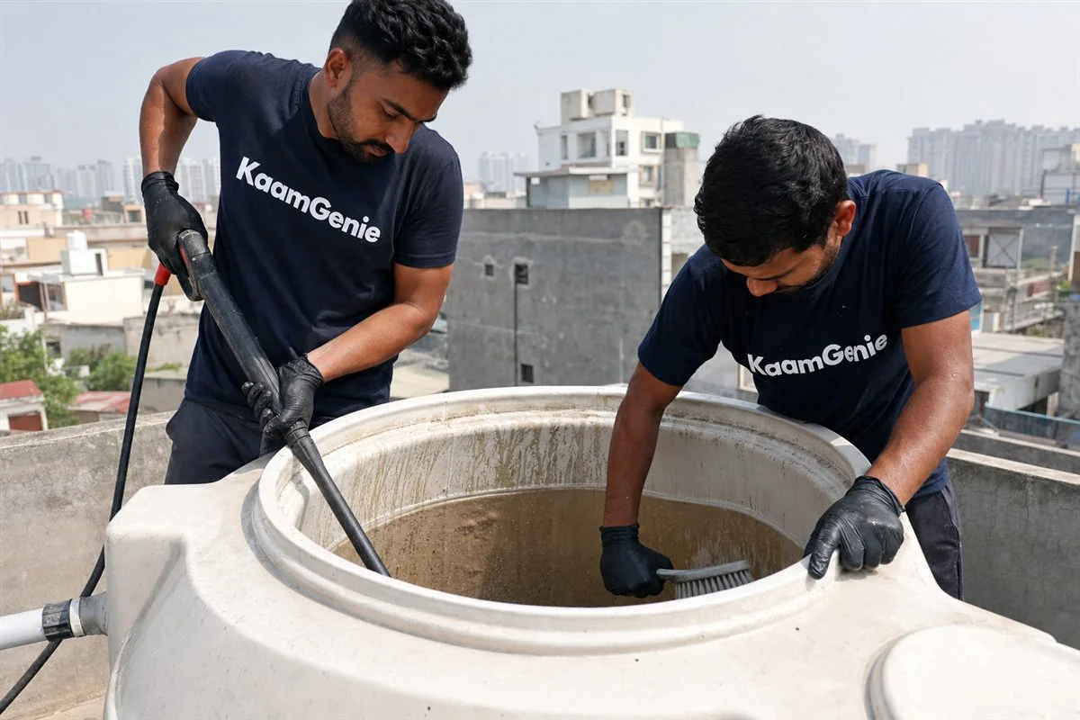 KaamGenie crew cleaning a water tank in Beta 2, Greater Noida