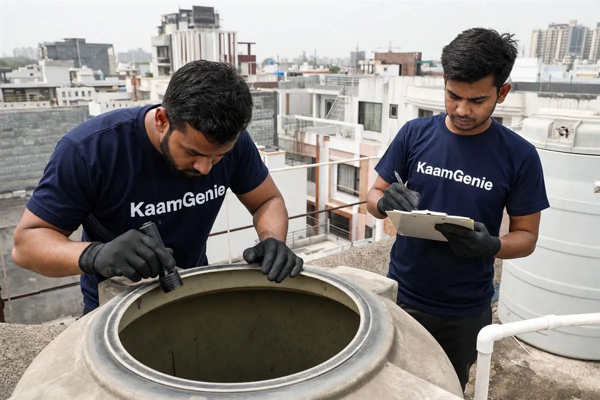 KaamGenie crew cleaning a water tank in Delta 1, Greater Noida