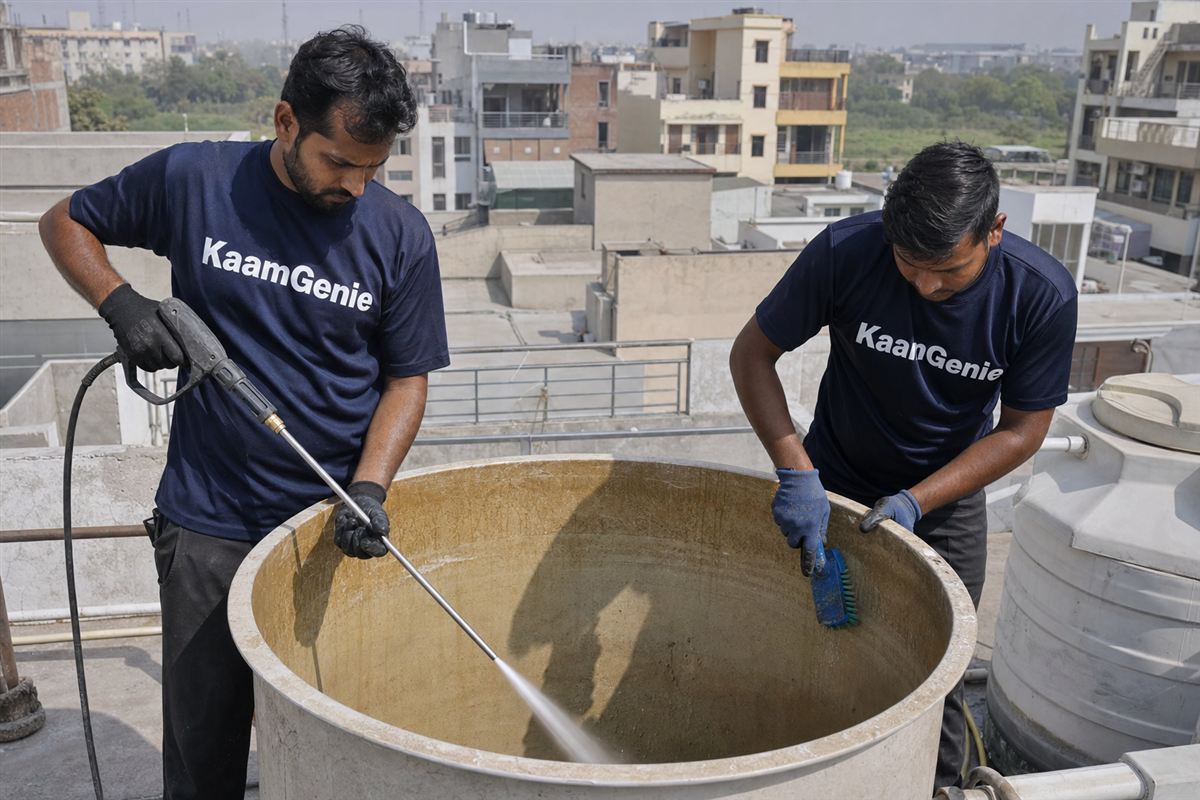 KaamGenie crew cleaning a water tank in Delta 2, Greater Noida