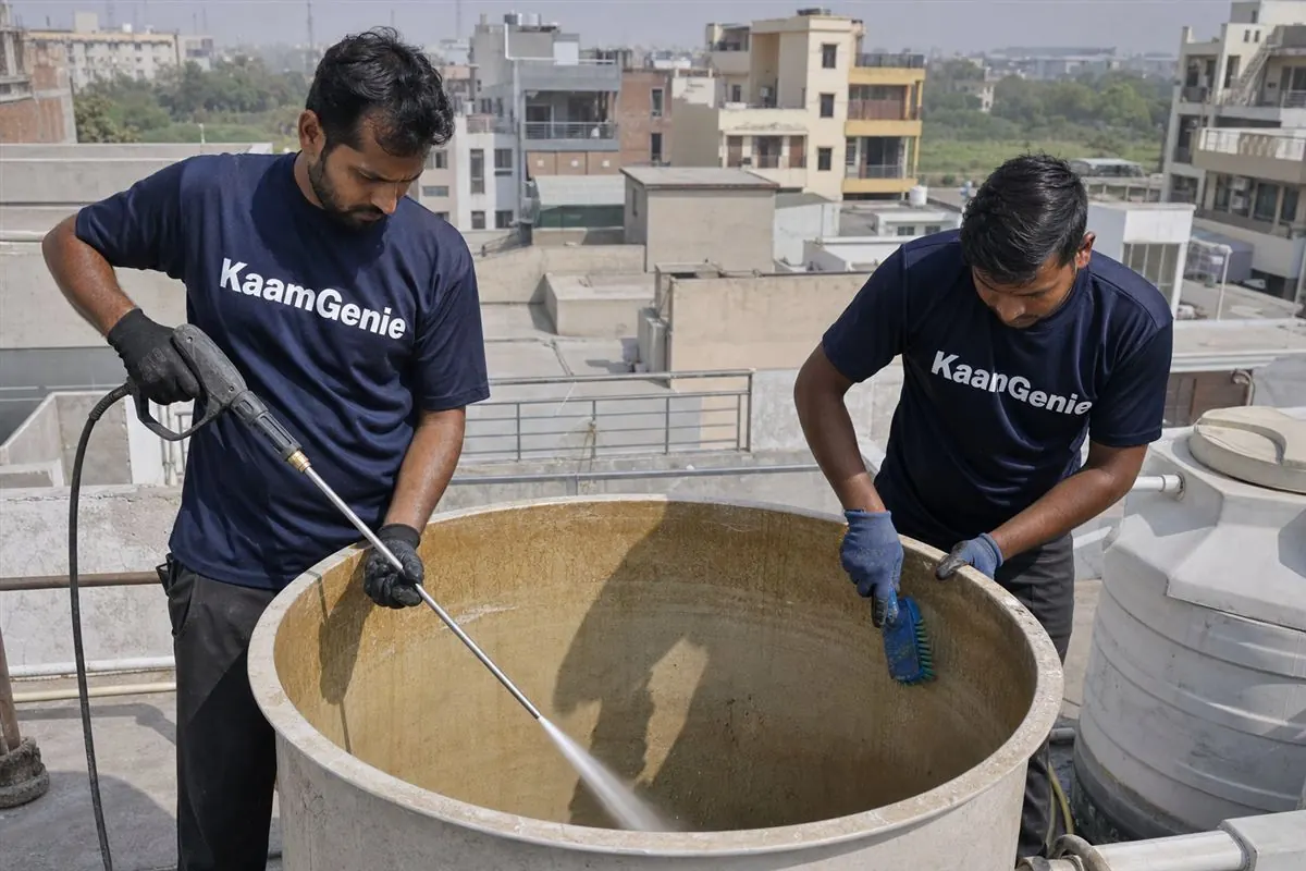 KaamGenie crew cleaning a water tank in Delta 2, Greater Noida
