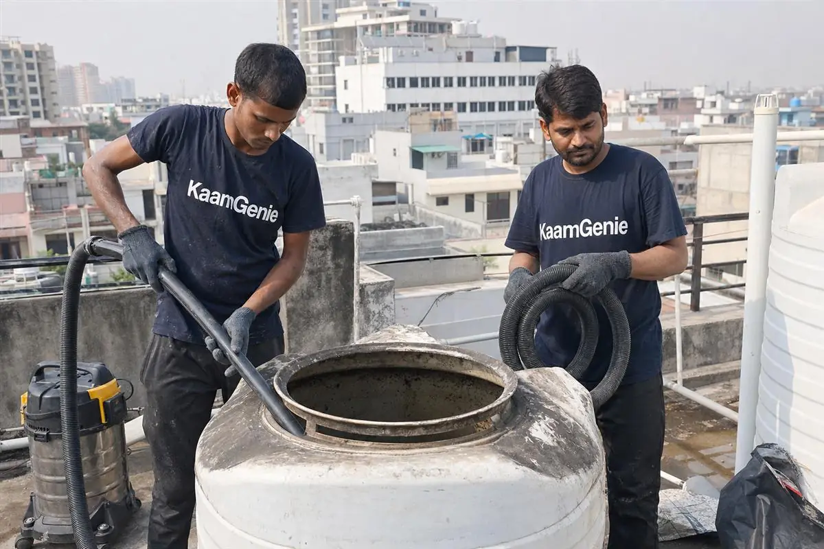 KaamGenie crew cleaning a water tank in Eta, Greater Noida