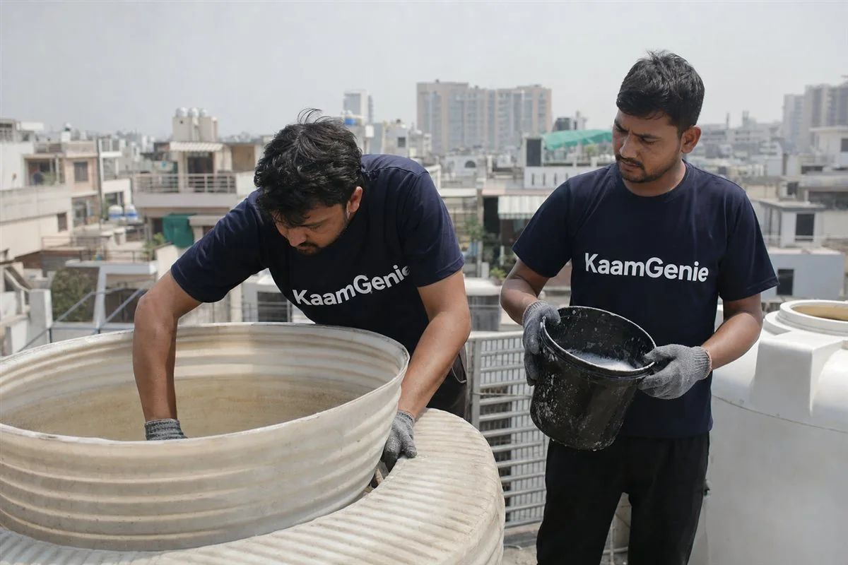 KaamGenie crew cleaning a water tank in Gamma 1, Greater Noida