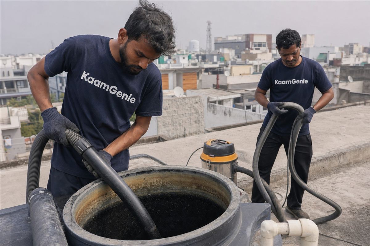 KaamGenie crew cleaning a water tank in Gamma 2, Greater Noida