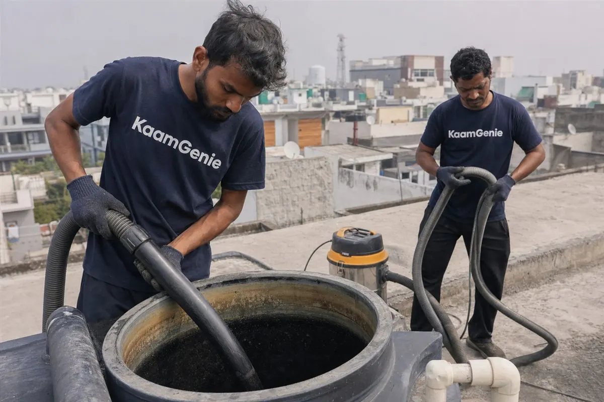 KaamGenie crew cleaning a water tank in Gamma 2, Greater Noida