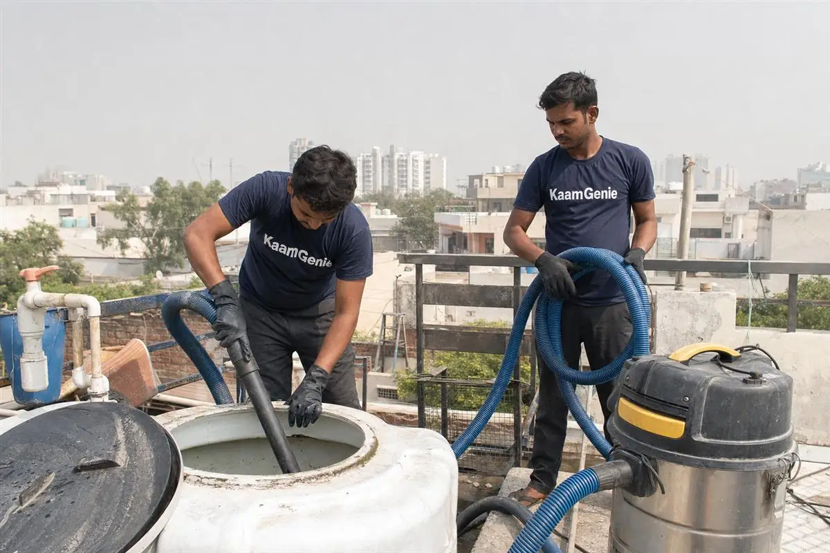 KaamGenie crew cleaning a water tank in Jagat Farm, Greater Noida
