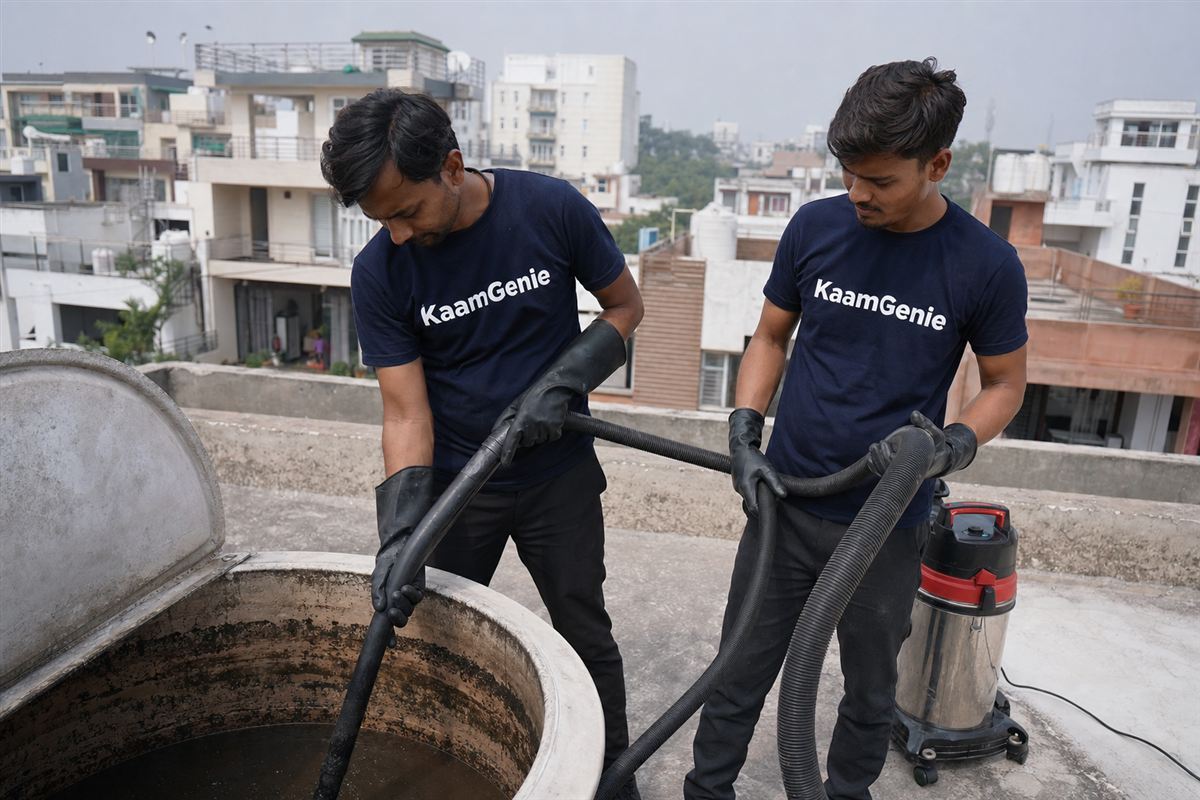 KaamGenie crew cleaning a water tank in Jaypee Greens, Greater Noida