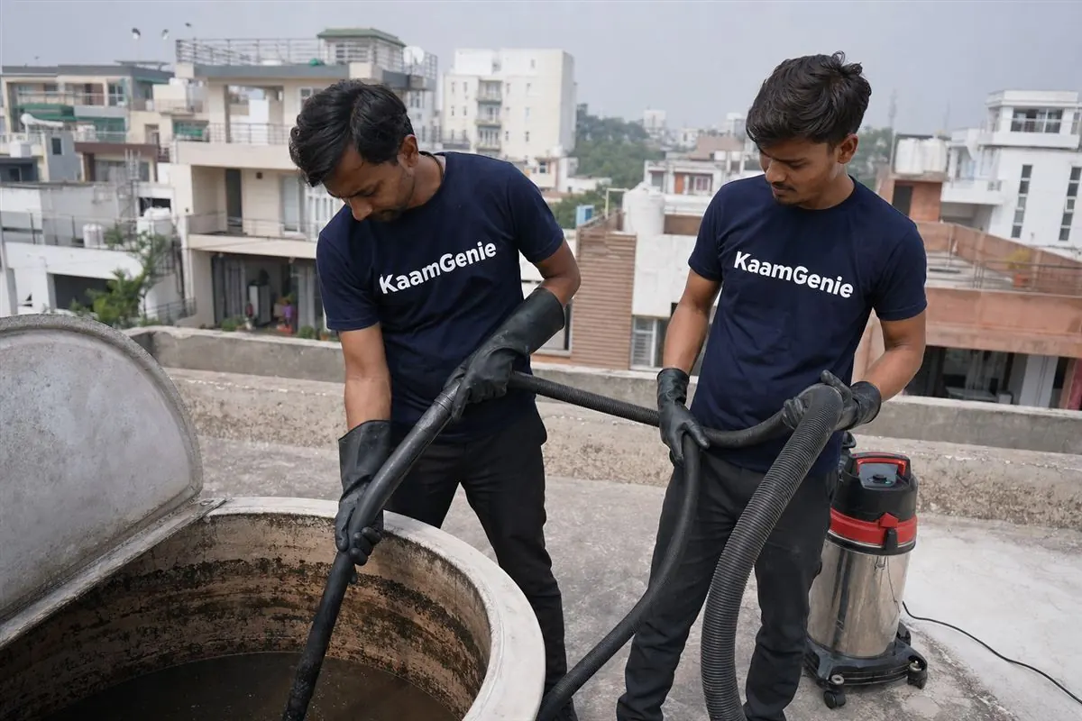 KaamGenie crew cleaning a water tank in Jaypee Greens, Greater Noida