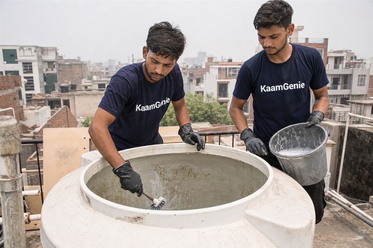 KaamGenie crew cleaning a water tank in Kasna, Greater Noida
