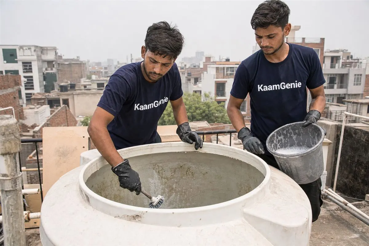 KaamGenie crew cleaning a water tank in Kasna, Greater Noida